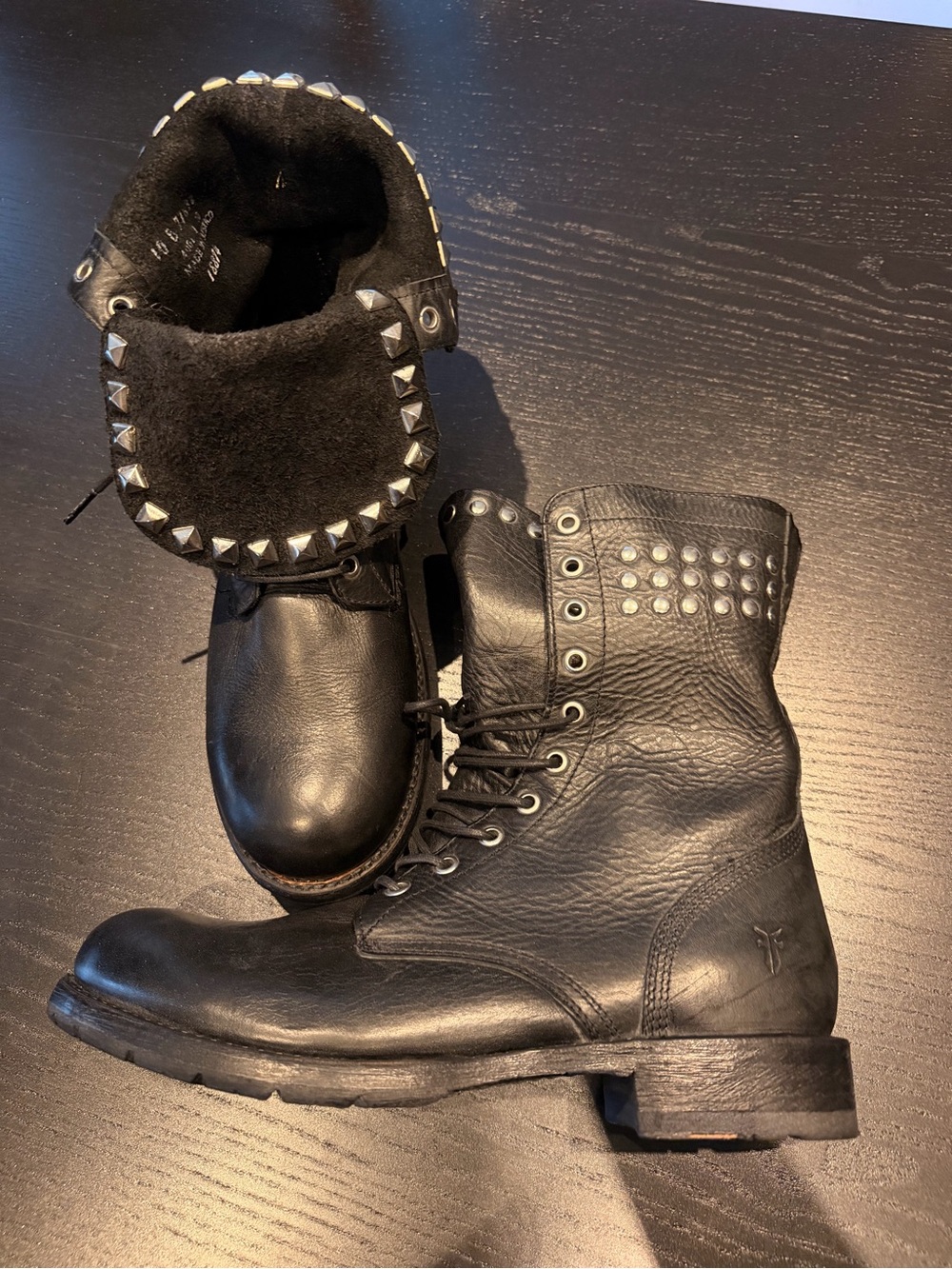FRYE Rogan Studded  Black Lace-Up Leather Moto Boots  size B